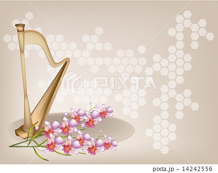 A Beautiful Harp and Orchid on Brown Background 14242556
