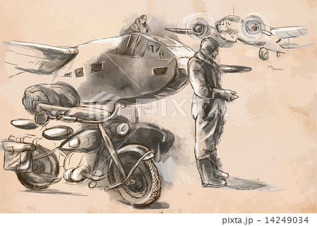 At the airport - a soldier on a motorcycle between aircraft. Vec At the airport - a soldier on a motorcycle between aircraft. Vec 14249034