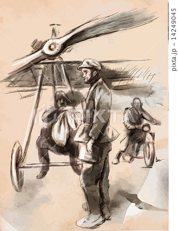 At the airport - Postal plane with a pilot and soldier. Vector. At the airport - Postal plane with a pilot and soldier. Vector. 14249045
