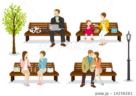 ベンチに座る人々 春のイラスト素材