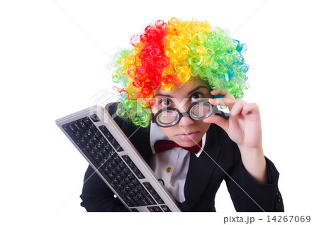 Funny clown with keyboard on white 14267069