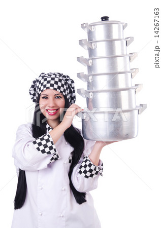 Cook with stack of pots on white Cook with stack of pots on white 14267163