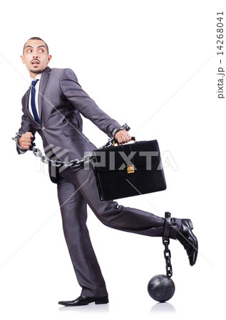 Businessman with shackles on white Businessman with shackles on white 14268041