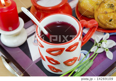 Lip patterned cup of tea on a tray 14269109