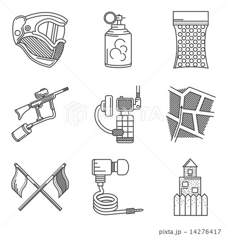 Black line icons vector collection of paintball accessory 14276417