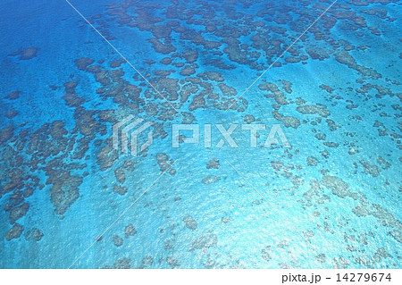 サンゴ礁のリーフに囲まれたエメラルドグリーンの海と点在するサンゴ群 14279674