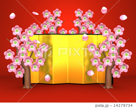 Cherry Blossoms And Gilt Folding Screen On Red 14279734