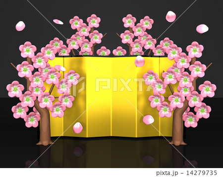 Cherry Blossoms And Gilt Folding Screen On Black 14279735