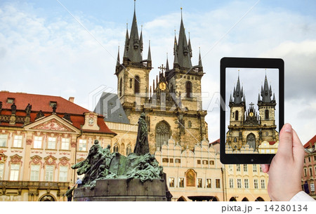 tourist taking photo of Church in Prague 14280134
