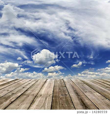 wooden floor and sky with clouds wooden floor and sky with clouds 14280559