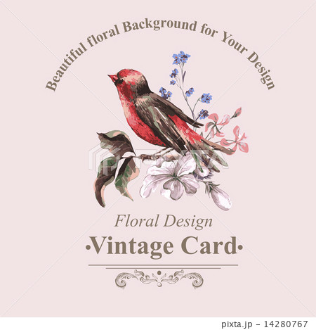 Vintage Floral Card with Bird on Branch 14280767