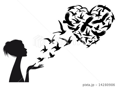 Heart shaped  flying birds with woman silhouette, vector illustration 14280986