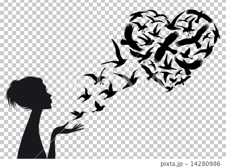 Heart shaped  flying birds with woman silhouette, vector illustration 14280986