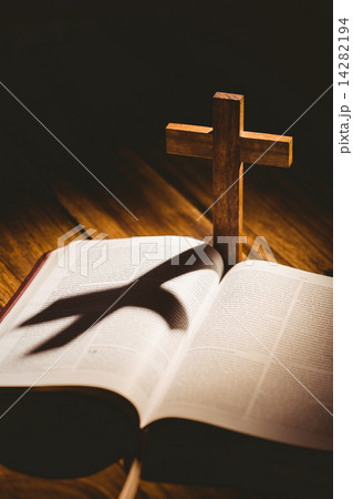 Open bible with crucifix icon behind Open bible with crucifix icon behind 14282194