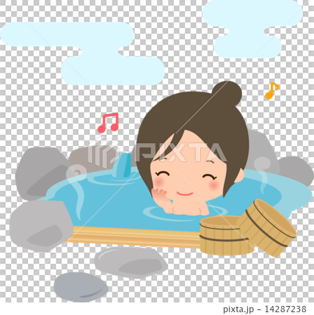 岩風呂に浸かる笑顔の女性 14287238