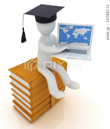 3d man in graduation hat sitting on books and working at his lap 14288112