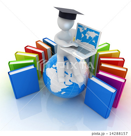 3d man in graduation hat sitting on earth and working at his lap 3d man in graduation hat sitting on earth and working at his lap 14288157