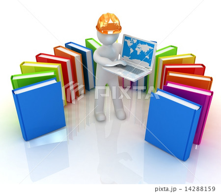 3d man in hard hat working at his laptop and books 14288159