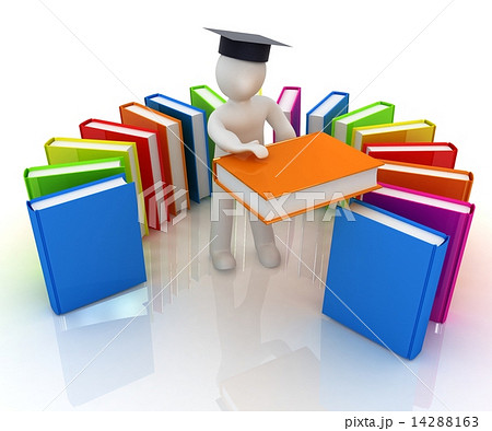 3d white man in a graduation hat with useful books - best gift a 14288163