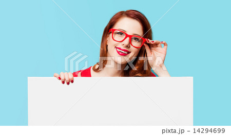 girl in red dress and glasses with white board 14294699