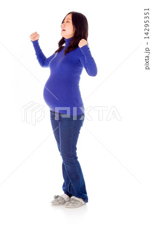Pregnant asian woman isolated on white victory success 14295351