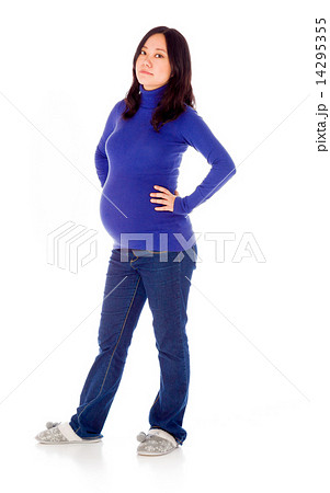 Pregnant asian woman isolated on white hands on hips 14295355