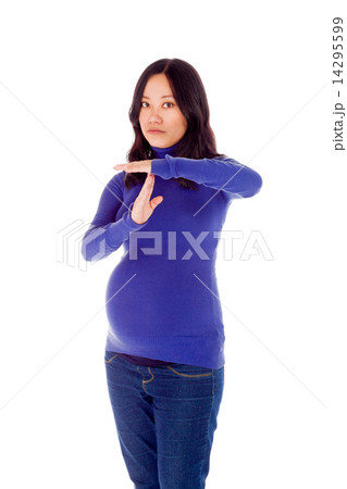 Pregnant asian woman isolated on white break hand gesture Pregnant asian woman isolated on white break hand gesture 14295599