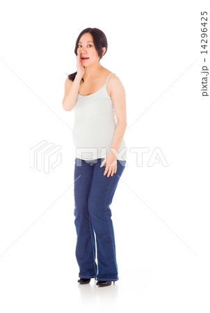 Pregnant asian woman isolated on white talking shouting 14296425