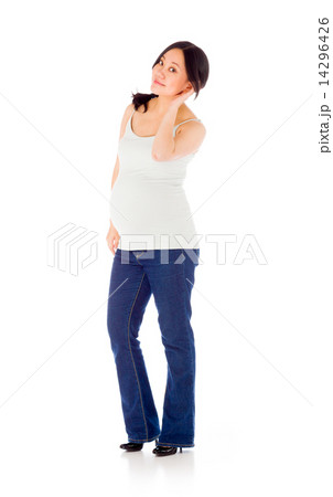 Pregnant asian woman isolated on white listing paying attention 14296426
