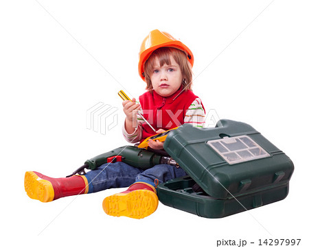 serious baby builder in hardhat with working tools serious baby builder in hardhat with working tools 14297997