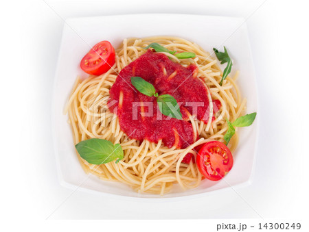 Pasta with tomato sauce and basil. 14300249