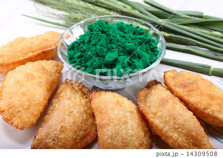 gujia with holi green color on white background along with green gujia with holi green color on white background along with green 14309508