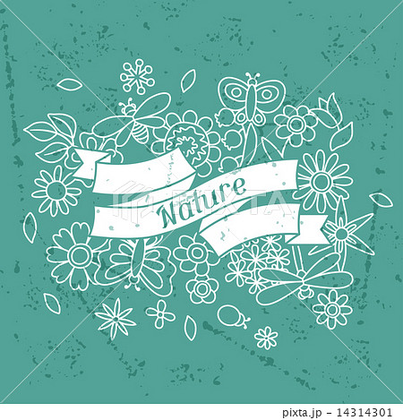 Card with beautiful simple flowers, beetles and butterflies 14314301