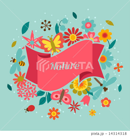 Card with beautiful simple flowers, beetles and butterflies 14314318