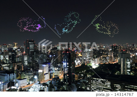 heart sparkle Fireworks celebrating over Tokyo cityscape at nigh heart sparkle Fireworks celebrating over Tokyo cityscape at nigh 14314767