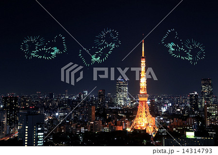 heart sparkle Fireworks celebrating over Tokyo cityscape at nigh 14314793