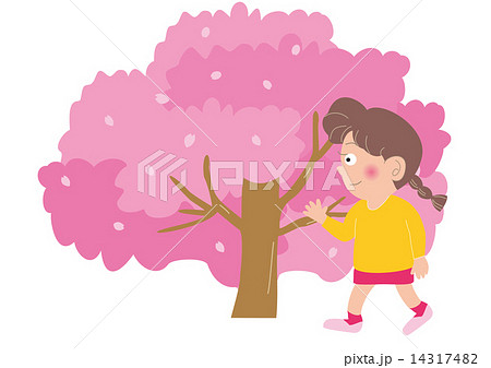 桜並木を歩く女の子のイラスト素材