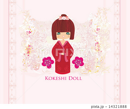 Kokeshi doll on the pink background with floral ornament Kokeshi doll on the pink background with floral ornament 14321888