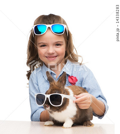 Smiling girl and bunny in sunglasses 14338283