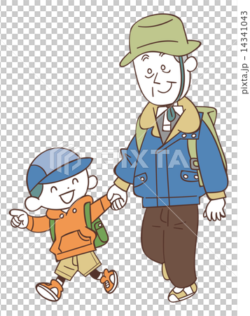 ハイキングする孫とおじいちゃん ハイキングする孫とおじいちゃん 14341043