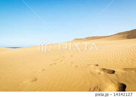 Blue sky and sand dunes with footprints. 14342127
