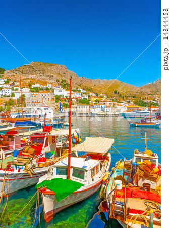 The beautiful main port of Hydra island in Greece The beautiful main port of Hydra island in Greece 14344453
