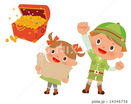 宝箱と冒険する子供2人のイラスト素材 14346756 Pixta