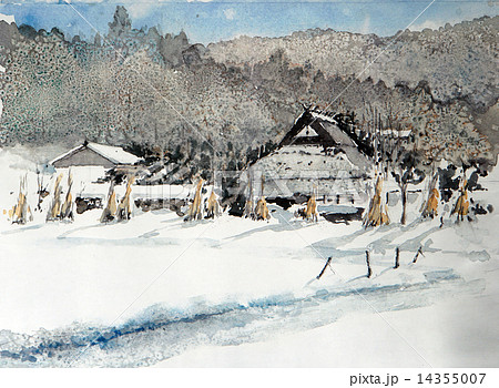 茅葺き民家 冬景色の水彩画 田舎の風景のイラスト素材