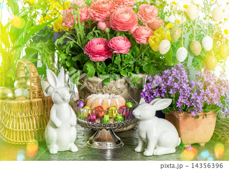 Easter cake, spring flowers, eggs and bunny. Light leaks 14356396