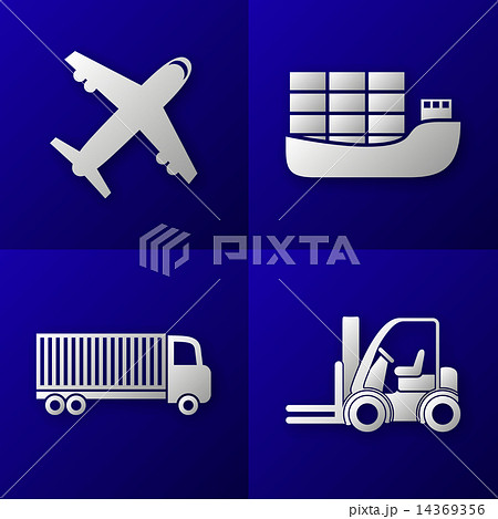 set of export import icons on blue background - plane, cargo ship, truck and forklift - transport set of export import icons on blue background - plane, cargo ship, truck and forklift - transport 14369356