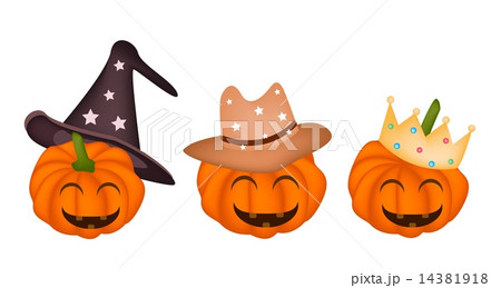 Happy Jack-o-Lantern Pumpkins in Halloween Hat Happy Jack-o-Lantern Pumpkins in Halloween Hat 14381918