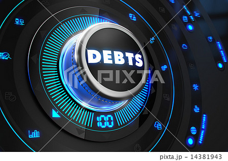 Debts Button with Glowing Blue Lights. 14381943