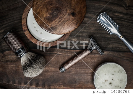 Shaving accessories on a luxury wooden background 14386768