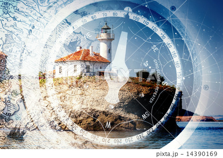 Old ships navigation background with old compass 14390169
